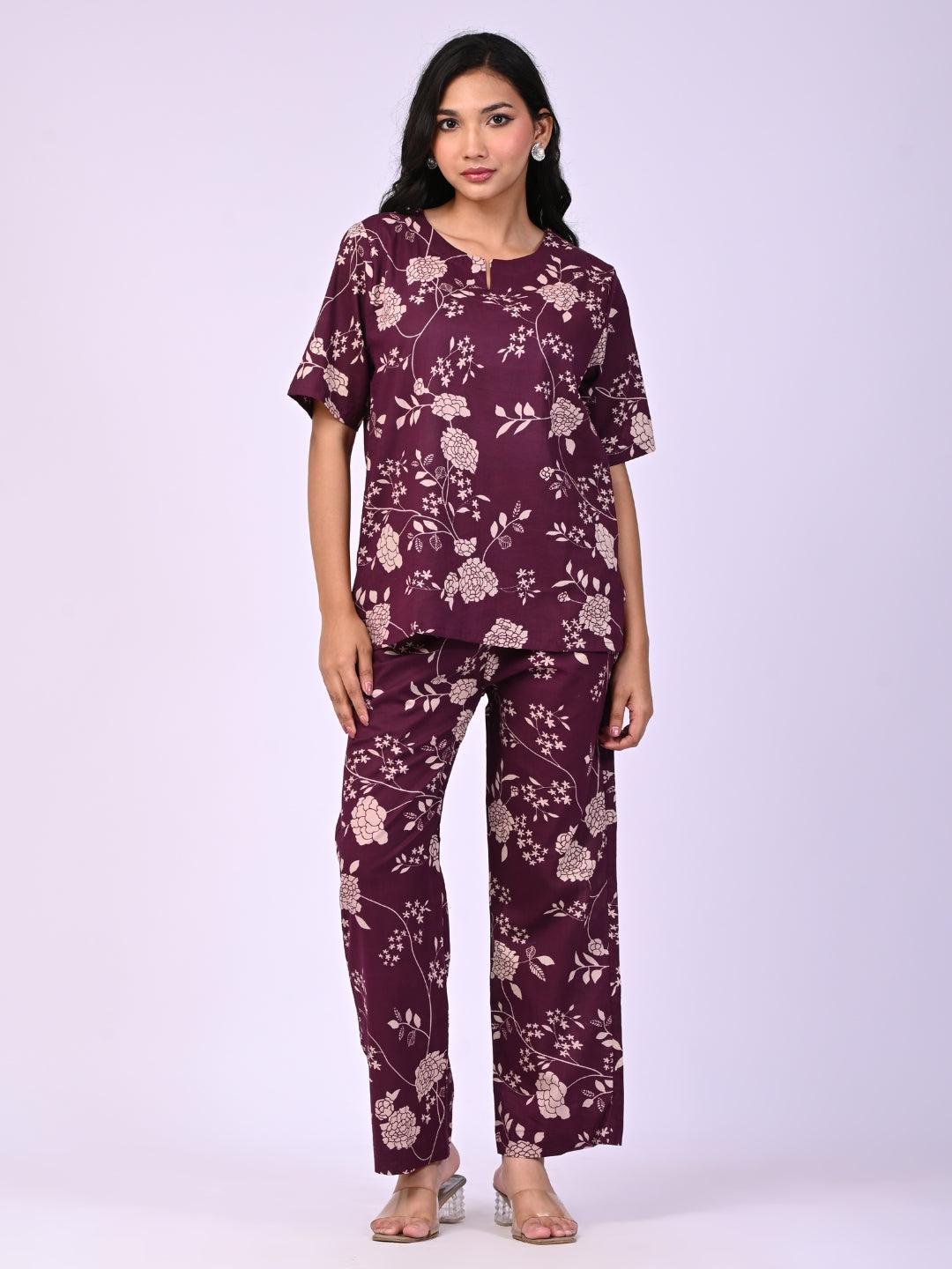 Wine Pure Cotton Floral Printed Co-ord Set
